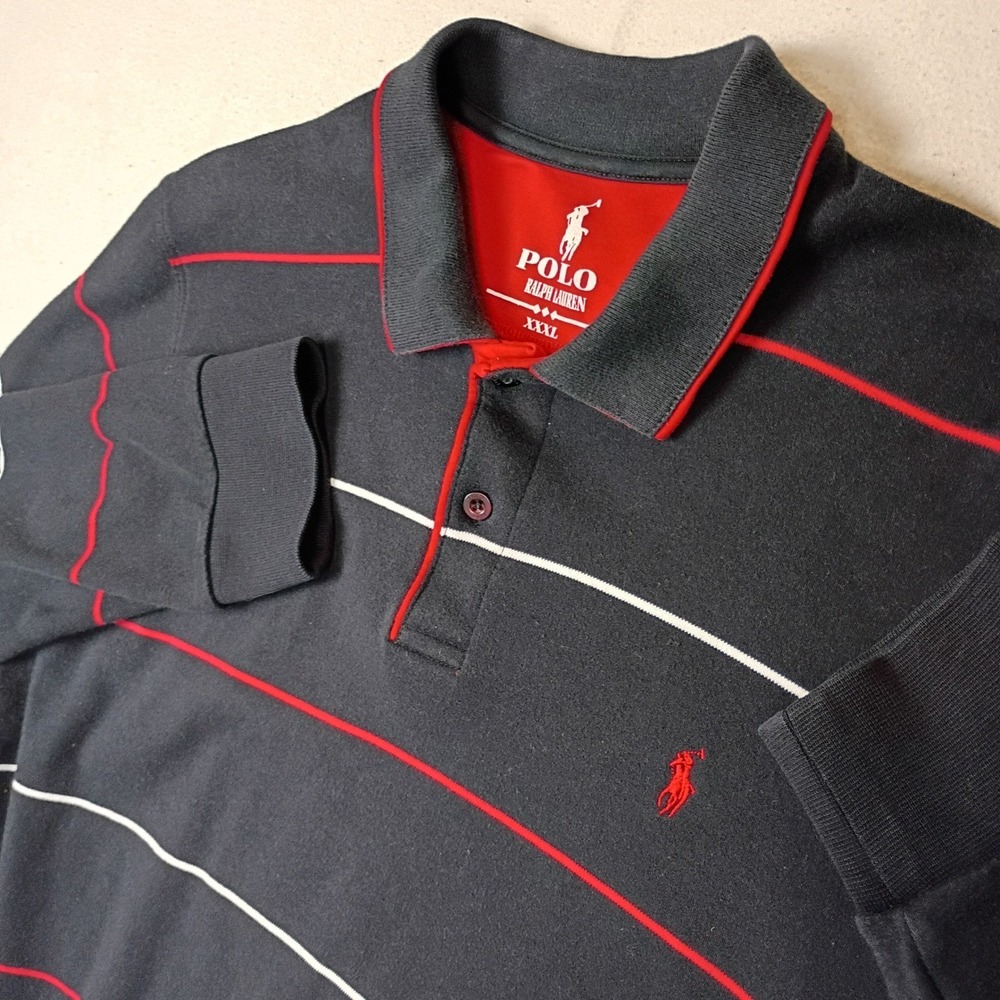 Polo Ralph Lauren Mens XXXL fits XXL Navy Blue Striped Long Sleeve Polo Shirt